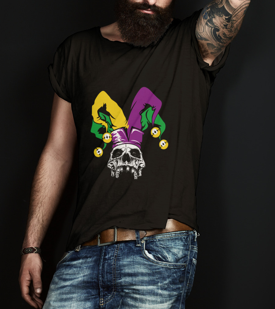 Mardi Gras Skull Jester Hat Purple Green Yellow T-Shirt