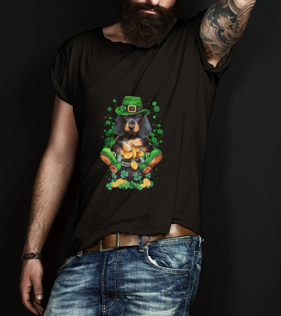 Dachshund Patrick Baby Funny Patrick Leprechaun Hat Shamrocks Pot Of Gold Coins T-Shirt