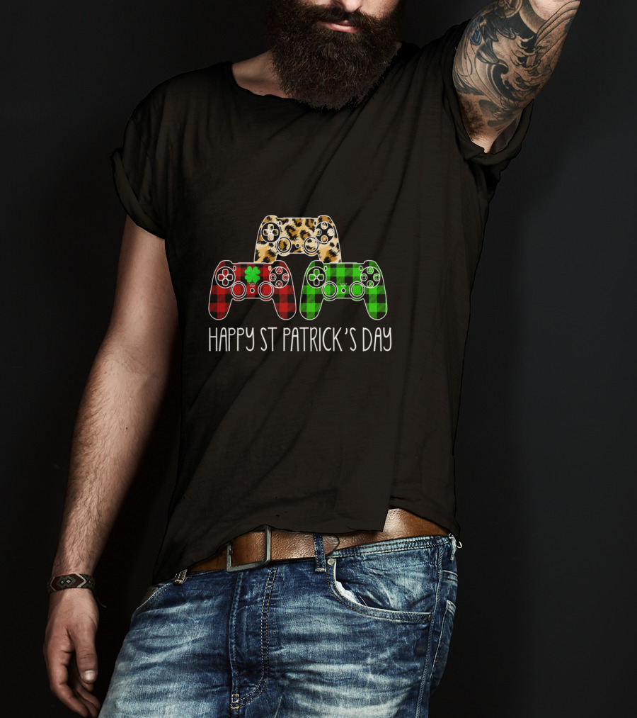 Happy St Patrick's Day Leopard Buffalo Plaid Video Games Gamer T-Shirt