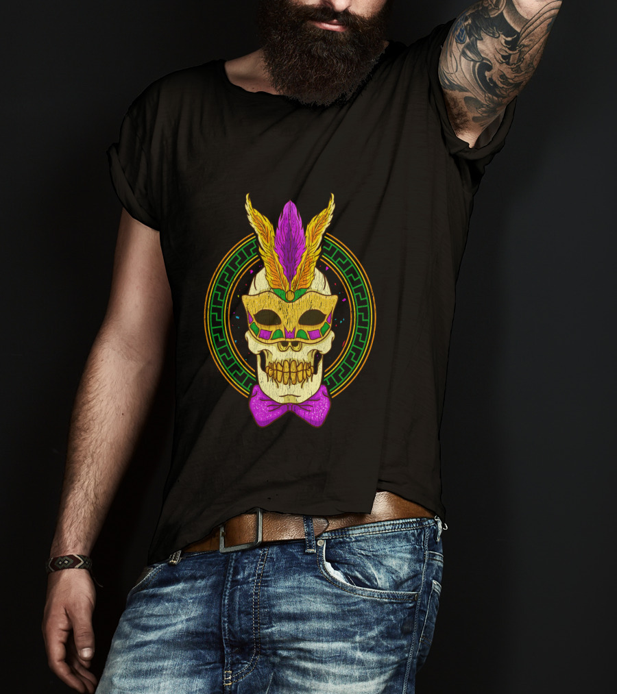 Mardi Gras Feathered Skull Mask With Colorful Bowtie T-Shirt