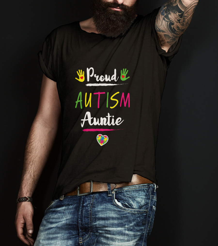 Proud Autism Auntie Colorful Heart Handprints Autism Awareness Day T-Shirt
