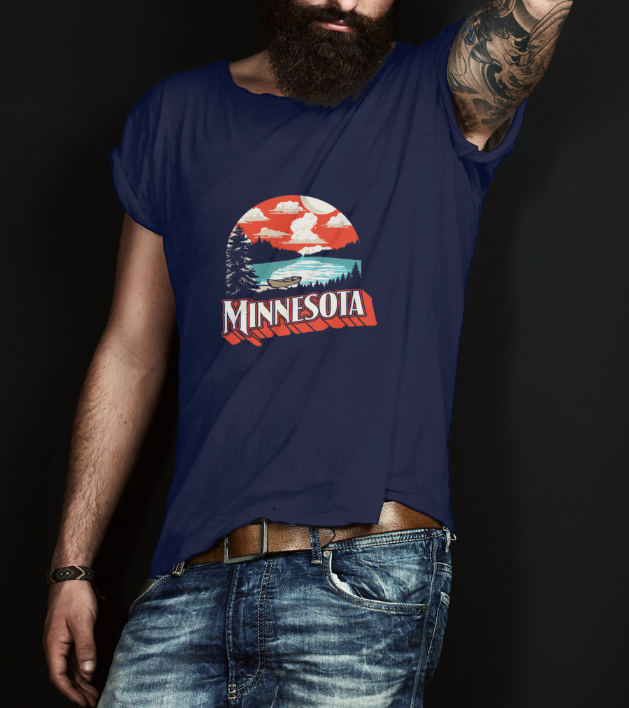Minnesota Boat On Scenic Vintage Lake With Forest And Sunset Sky T-Shirt
