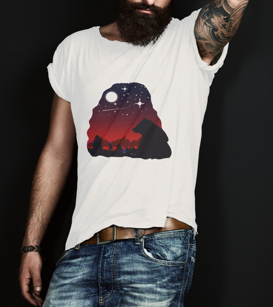 Bear Wildlife Animal Stargazing In Mountain Night Scene T-Shirt