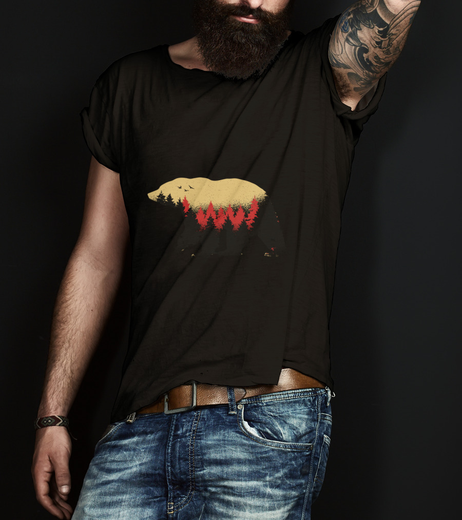 Wildlife Bear And Forest Silhouette With Trees And Birds T-Shirt
