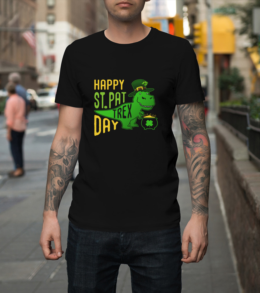 Happy St Pat Day T-Rex Dinosaur With Hat And Pot Of Gold T-Shirt