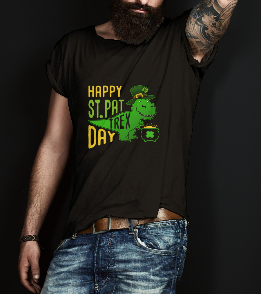 Happy St Pat Day T-Rex Dinosaur With Hat And Pot Of Gold T-Shirt