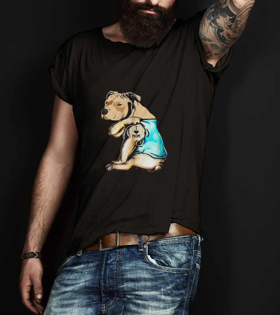 Pit Bull I Love Mom Tattooed Dog In Blue T-Shirt