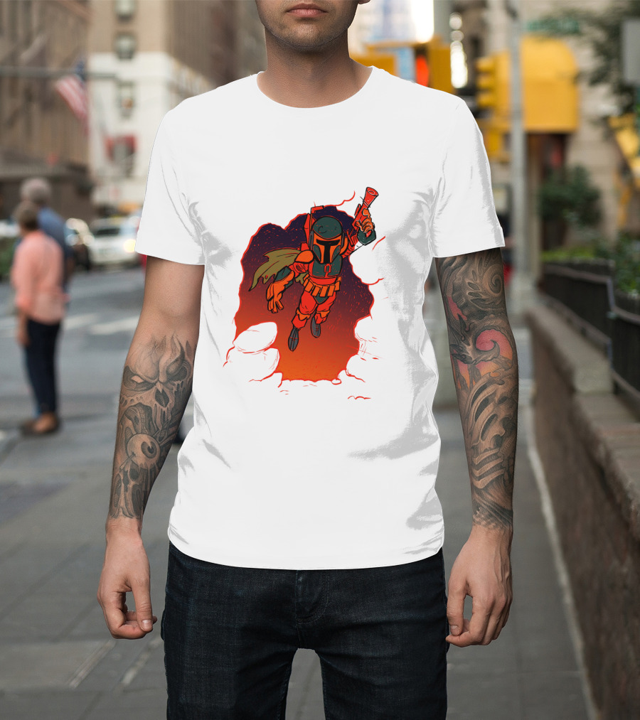 Star Wars Boba Fett Illustrated Blast Mandalorian Jetpack Fire Burst T-Shirt