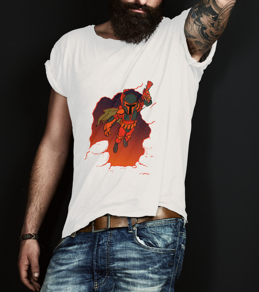 Star Wars Boba Fett Illustrated Blast Mandalorian Jetpack Fire Burst T-Shirt