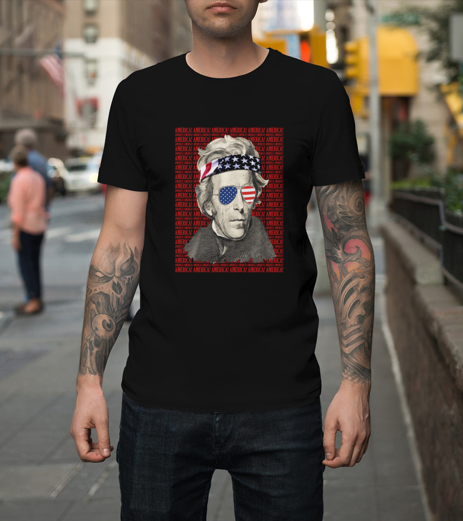 Andrew Jackson American Flag Bandana Sunglasses Patriotic USA America T-Shirt