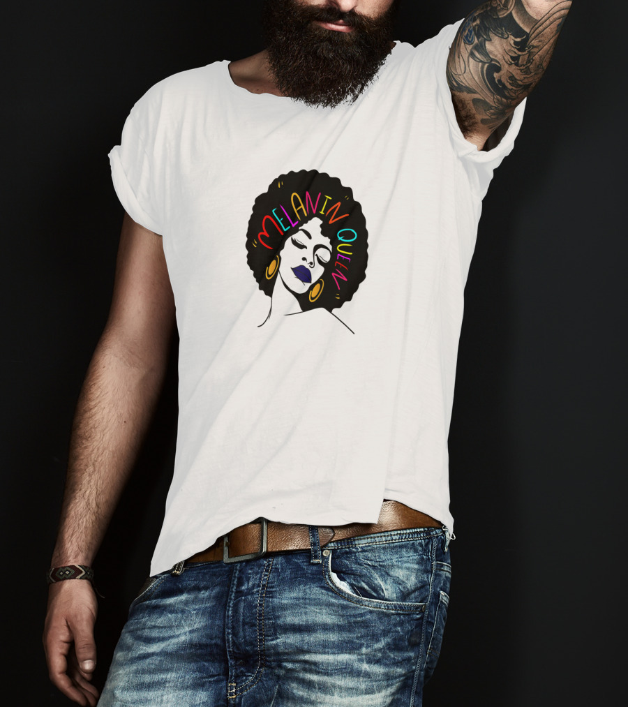Melanin Queen Afro American Afro Latina Proud Black Woman Raglan Afro Hairstyle Bold Colors Gold Hoop Earrings T-Shirt
