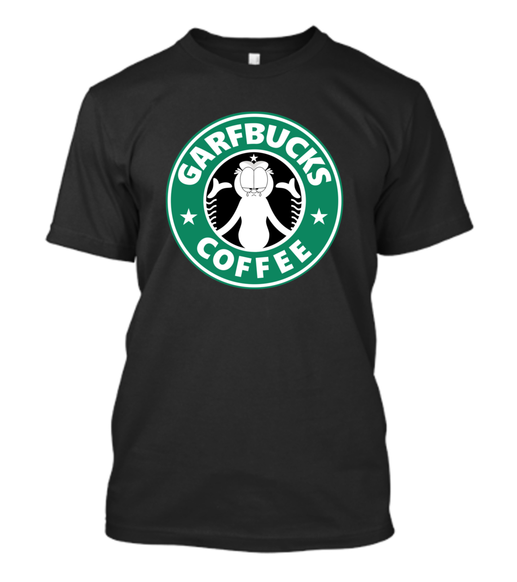 Garfield Garfbucks Coffee Logo Parody With Green Circle Stars And Cartoon Cat T-Shirt