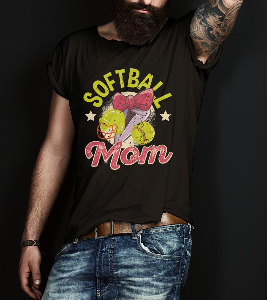 Softball Mom Mother's Day Softball Mama Bow Helmet Ball T-Shirt