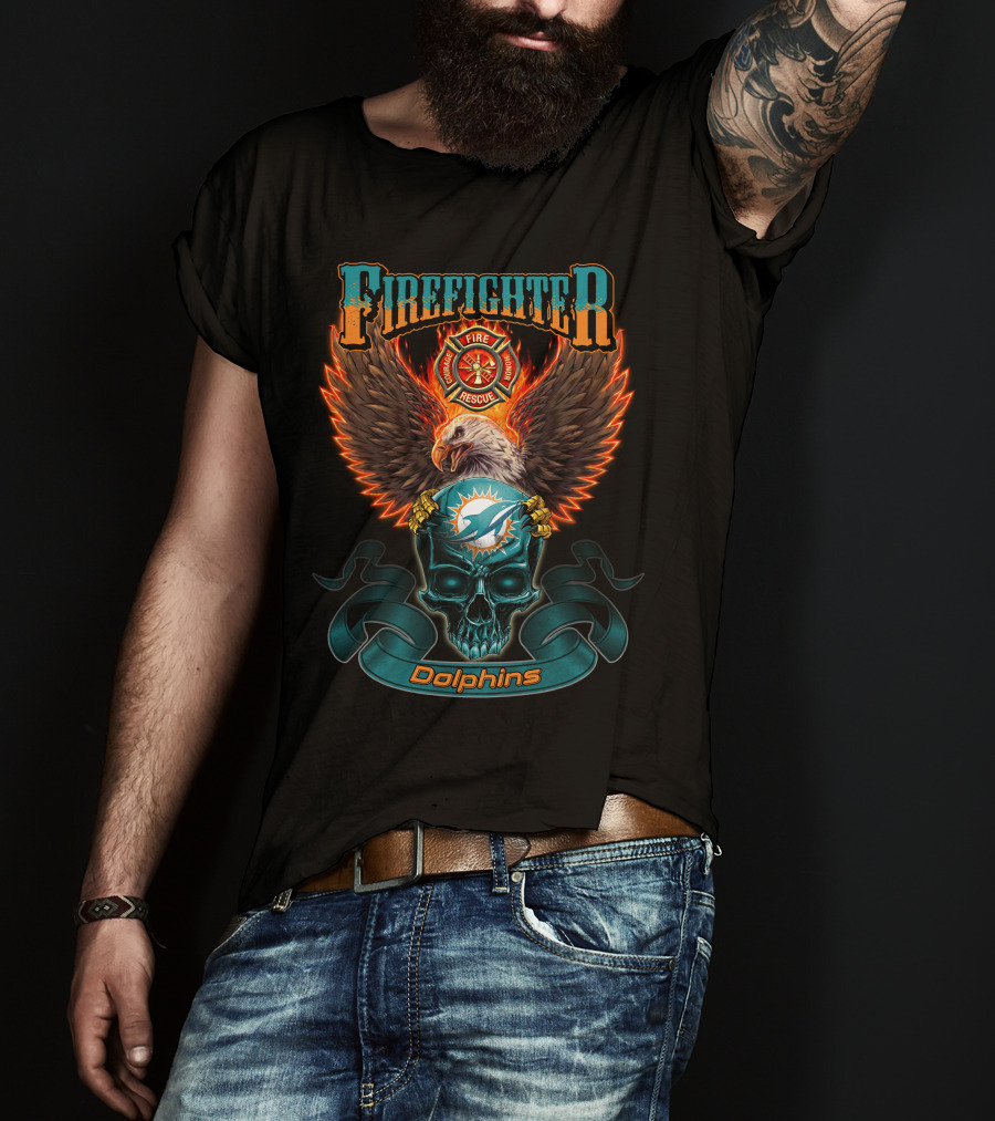 Firefighter Fire Rescue Eagle Miami Dolphins Skull T-Shirt