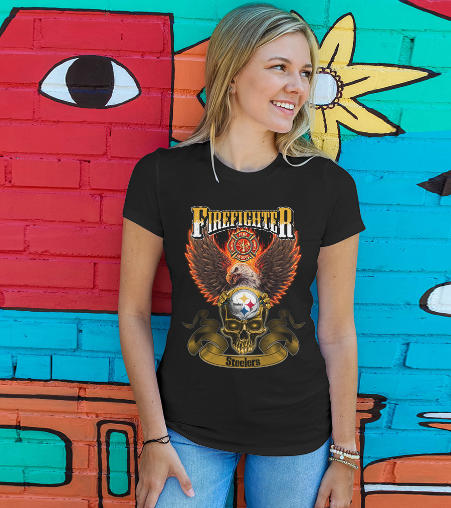 Firefighter Eagle Pittsburgh Steelers Fire Rescue Badge Skull T-Shirt