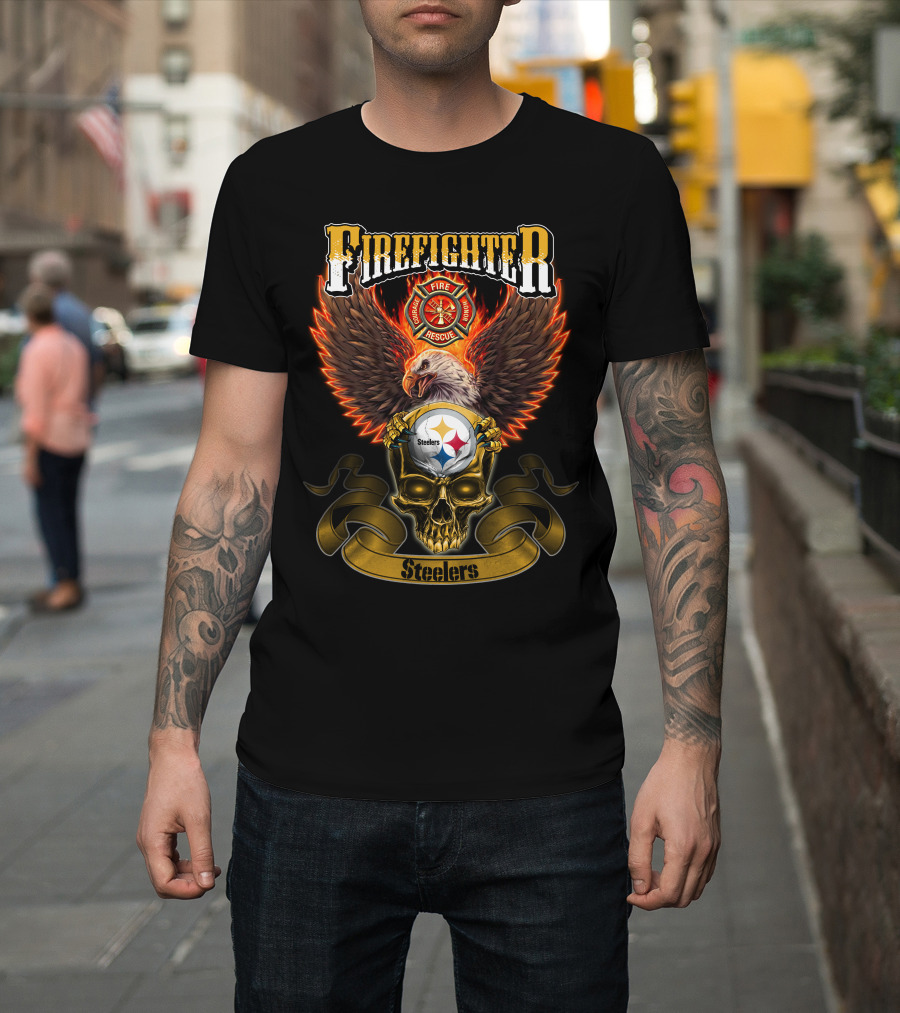 Firefighter Eagle Pittsburgh Steelers Fire Rescue Badge Skull T-Shirt