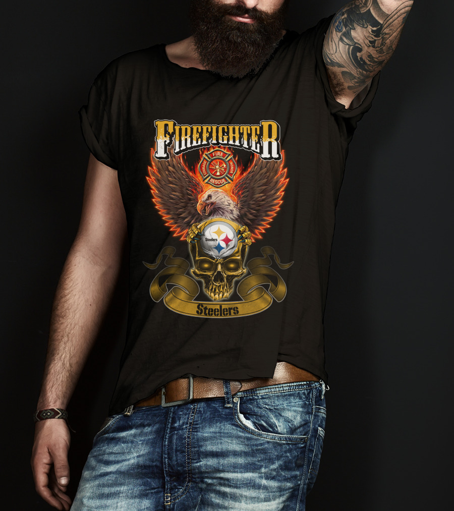 Firefighter Eagle Pittsburgh Steelers Fire Rescue Badge Skull T-Shirt