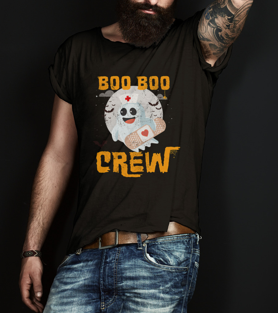 Boo Boo Crew Nurse Ghost With Bandage And Bats Moon Halloween T-Shirt
