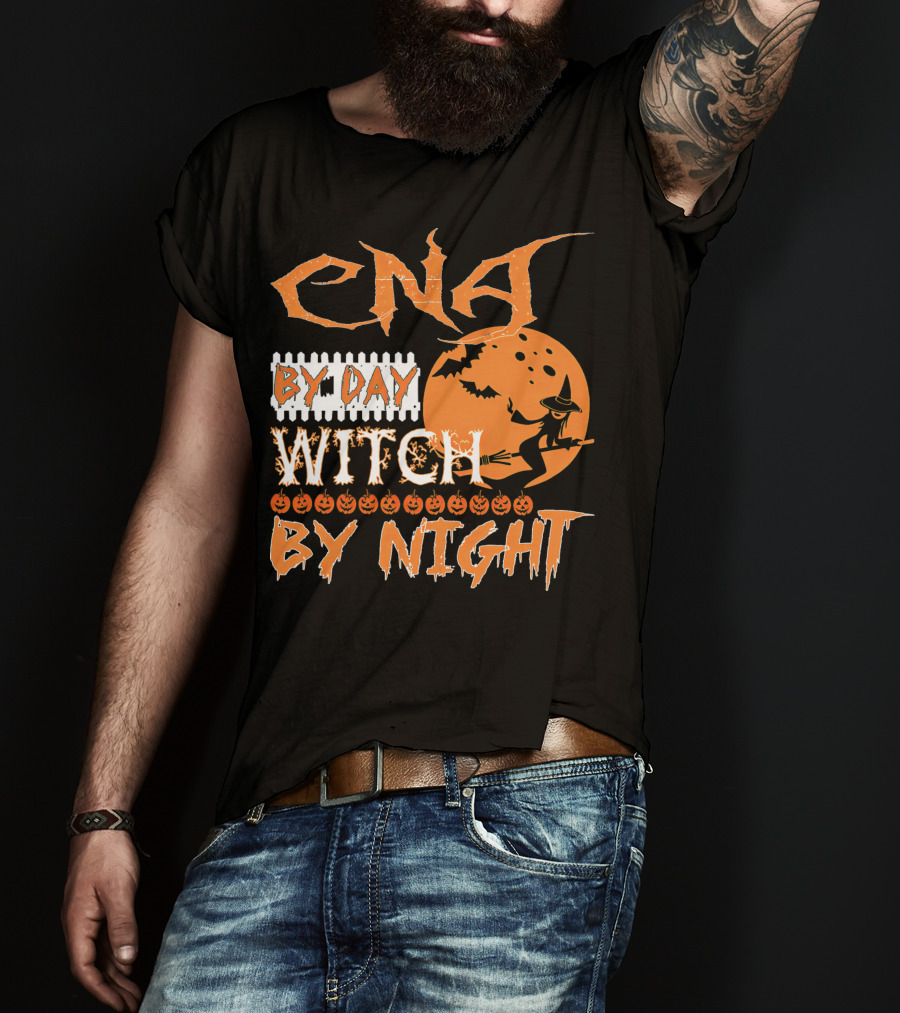 CNA By Day Witch By Night Flying Witch On Broom With Pumpkins And Bats T-Shirt