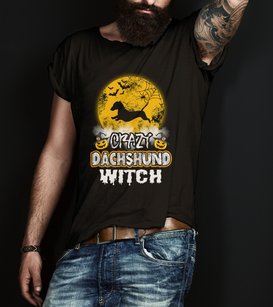 Crazy Dachshund Witch Moon Bats Pumpkin T-Shirt