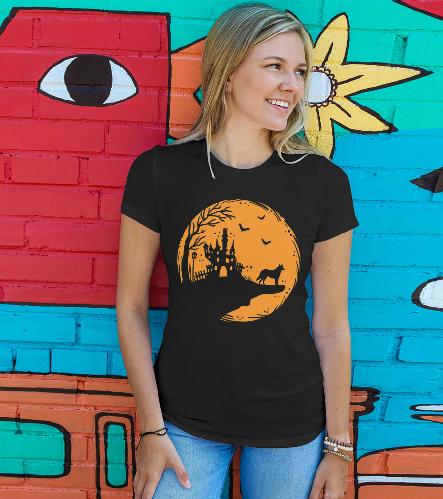 Halloween Dog Silhouette With Haunted Castle And Bats T-Shirt