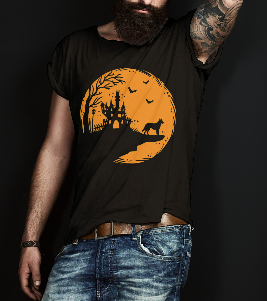 Halloween Dog Silhouette With Haunted Castle And Bats T-Shirt