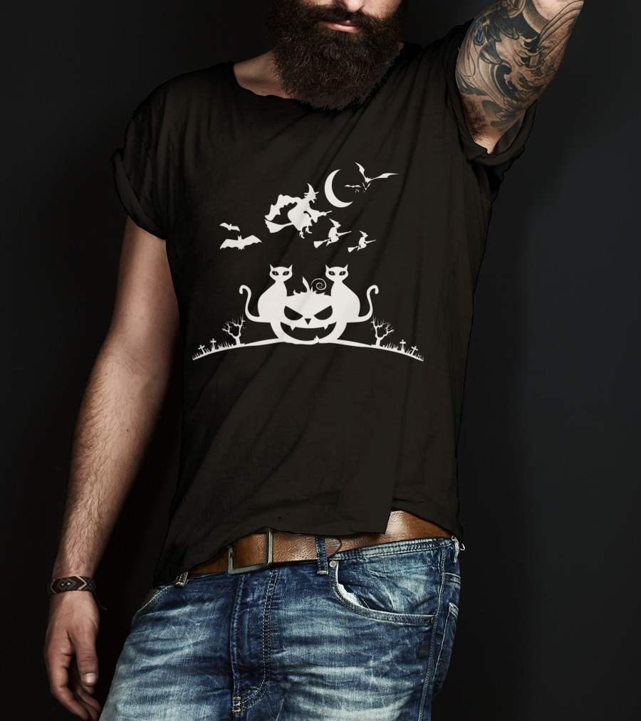 Halloween Cats Jack-o'-Lantern Witches Moon Bats T-Shirt