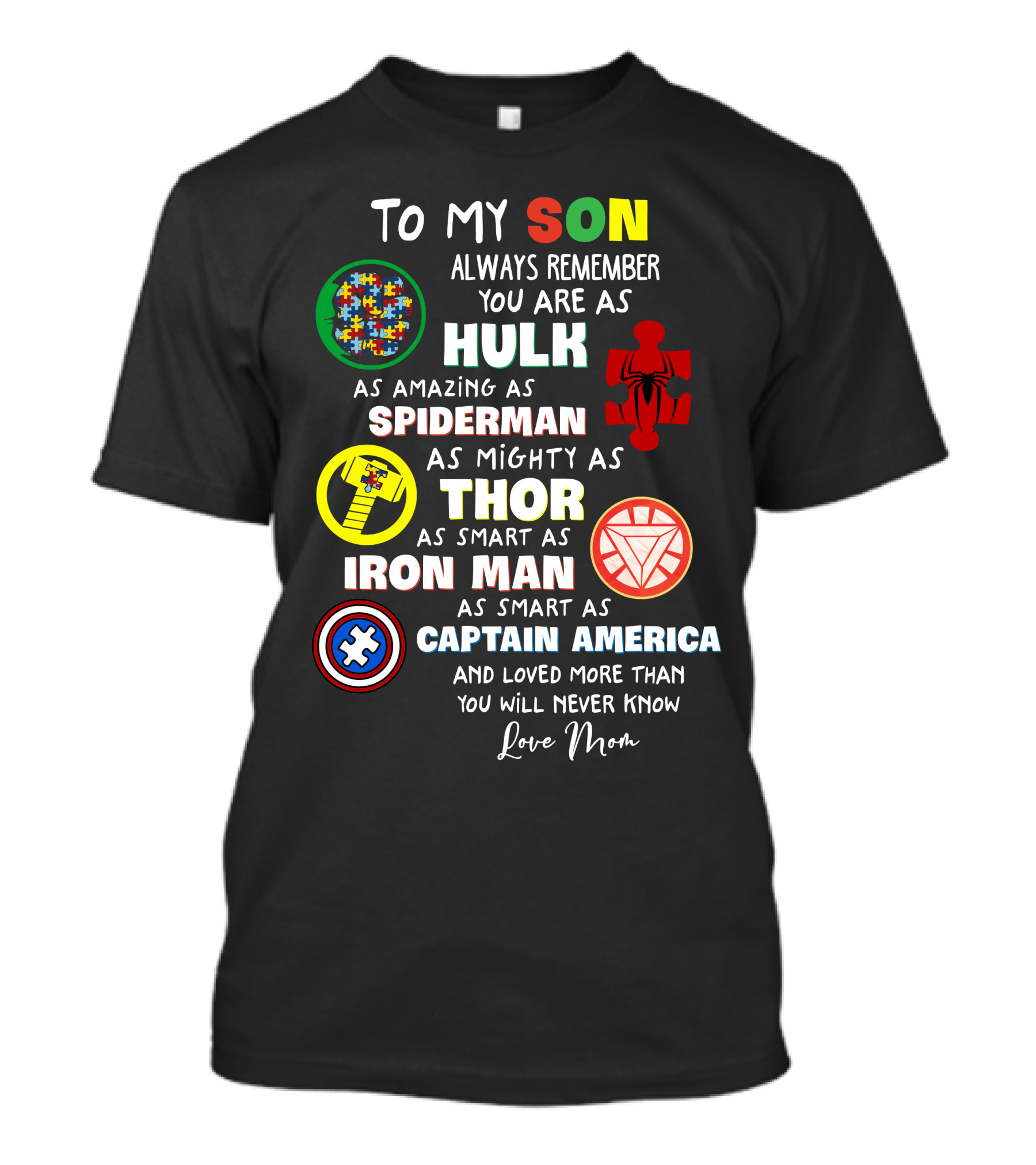 To My Son Always Remember You Are As Hulk As Amazing As Spiderman As Mighty As Thor As Smart As Iron Man Captain America Love Mom T-Shirt
