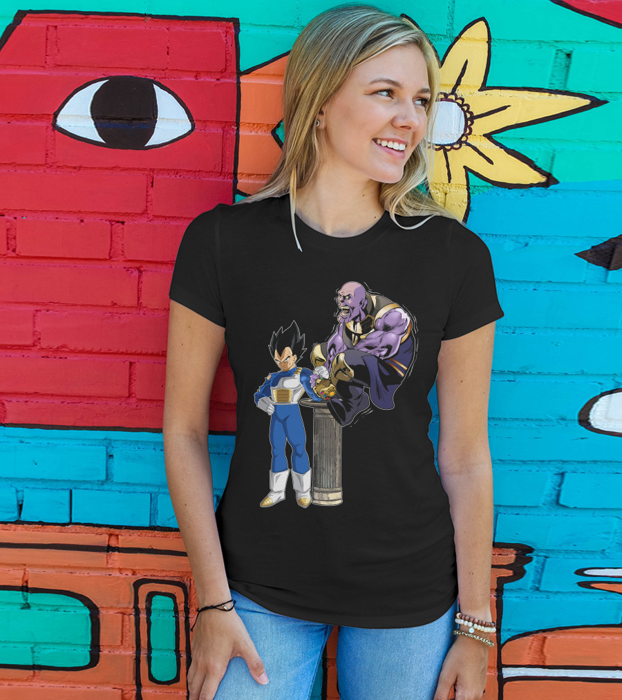 Vegeta And Thanos Arm Wrestling On Stone Pedestal T-Shirt