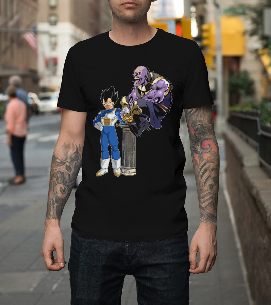 Vegeta And Thanos Arm Wrestling On Stone Pedestal T-Shirt