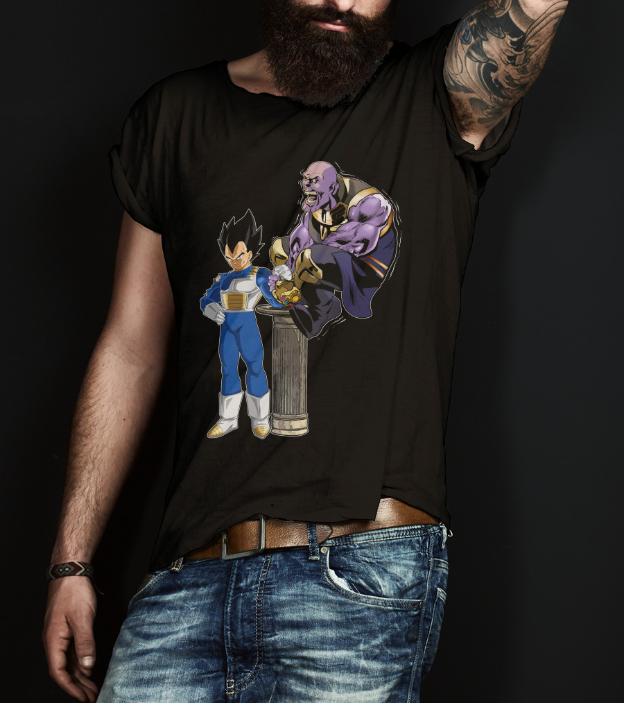 Vegeta And Thanos Arm Wrestling On Stone Pedestal T-Shirt