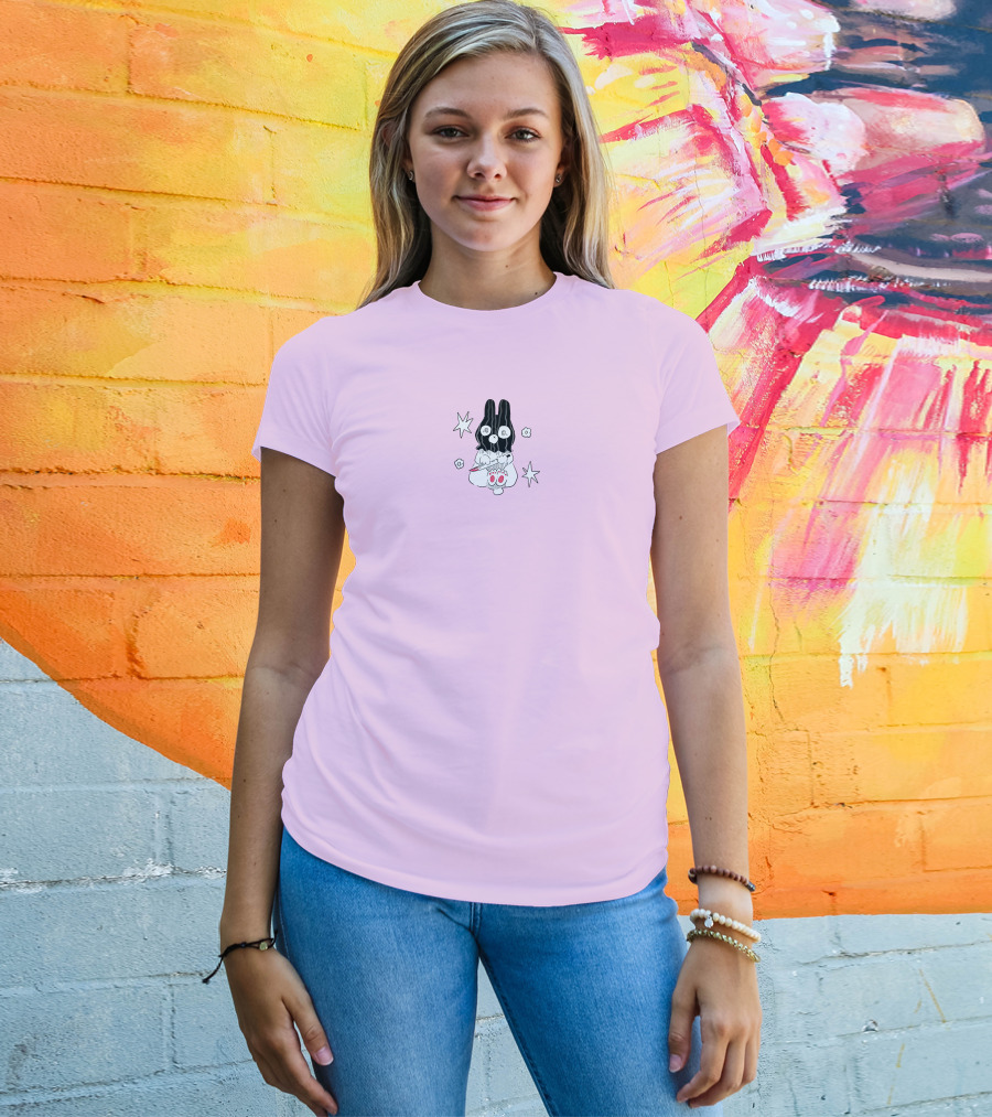 Chloe Moriondo Bunny Holding Strawberry With Stars And Flowers On Pink Background T-Shirt