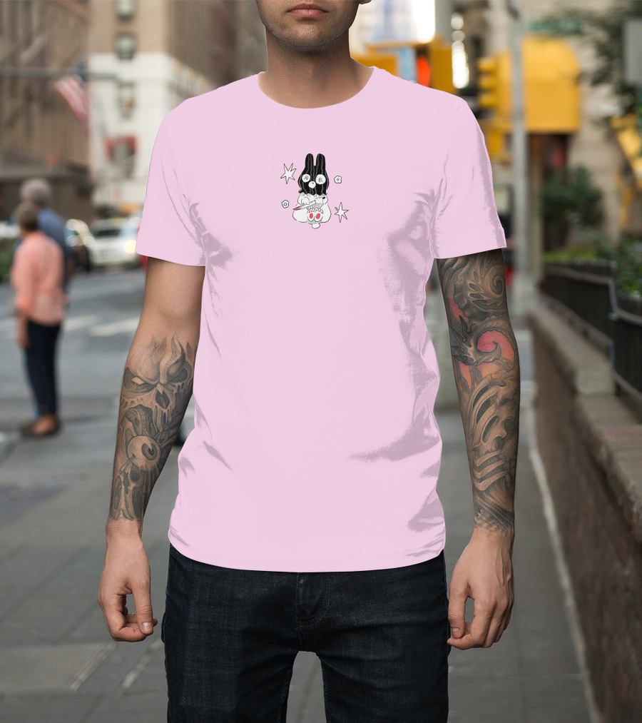 Chloe Moriondo Bunny Holding Strawberry With Stars And Flowers On Pink Background T-Shirt