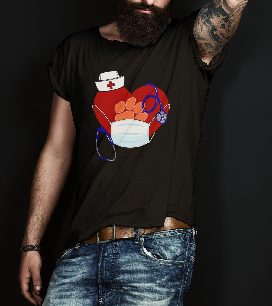 Heart Tigers Nursing Mask Stethoscope Paw Prints T-Shirt