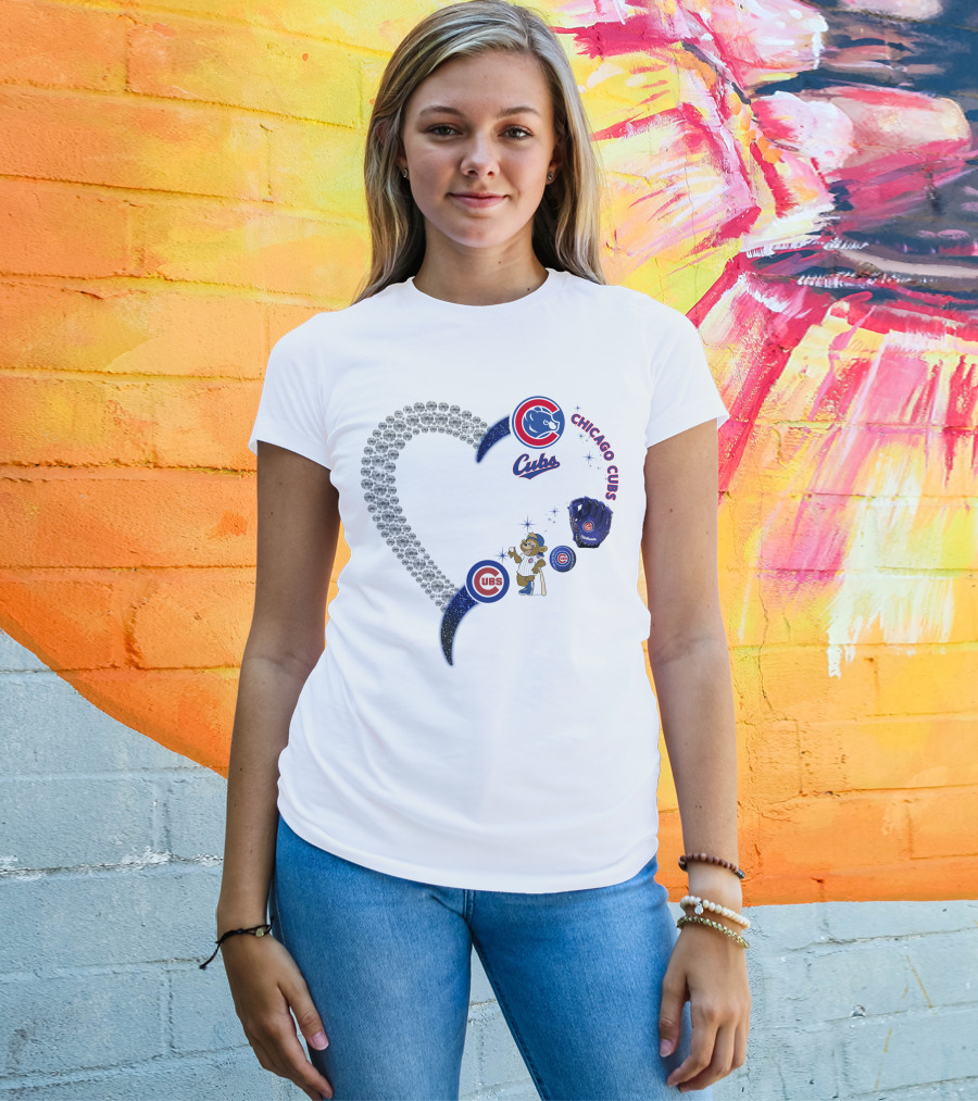 Chicago Cubs Heart Design With Logos And Bear Mascot T-Shirt