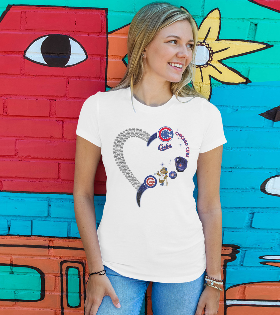 Chicago Cubs Heart Design With Logos And Bear Mascot T-Shirt