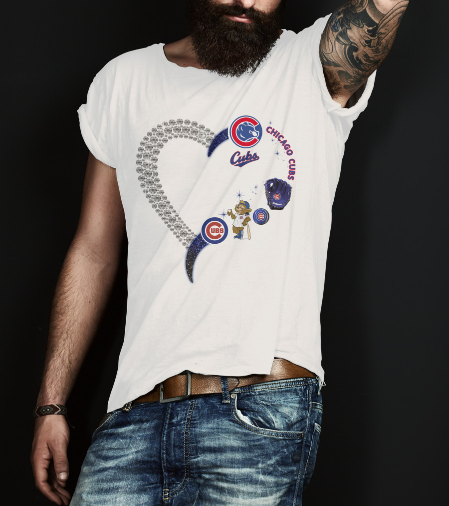 Chicago Cubs Heart Design With Logos And Bear Mascot T-Shirt