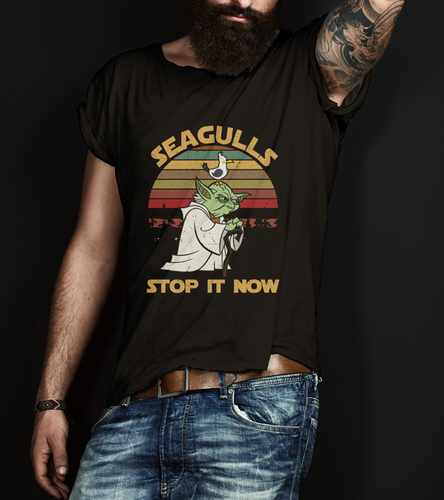 Seagulls STOP IT NOW Retro Yoda Parody With Seagull On Head T-Shirt
