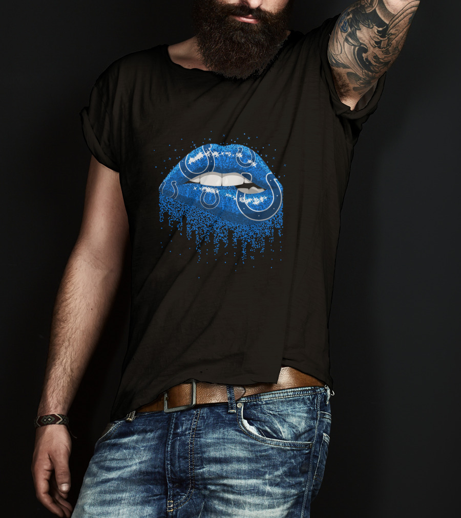 Indianapolis Colts Blue Glitter Lips With Horseshoe T-Shirt