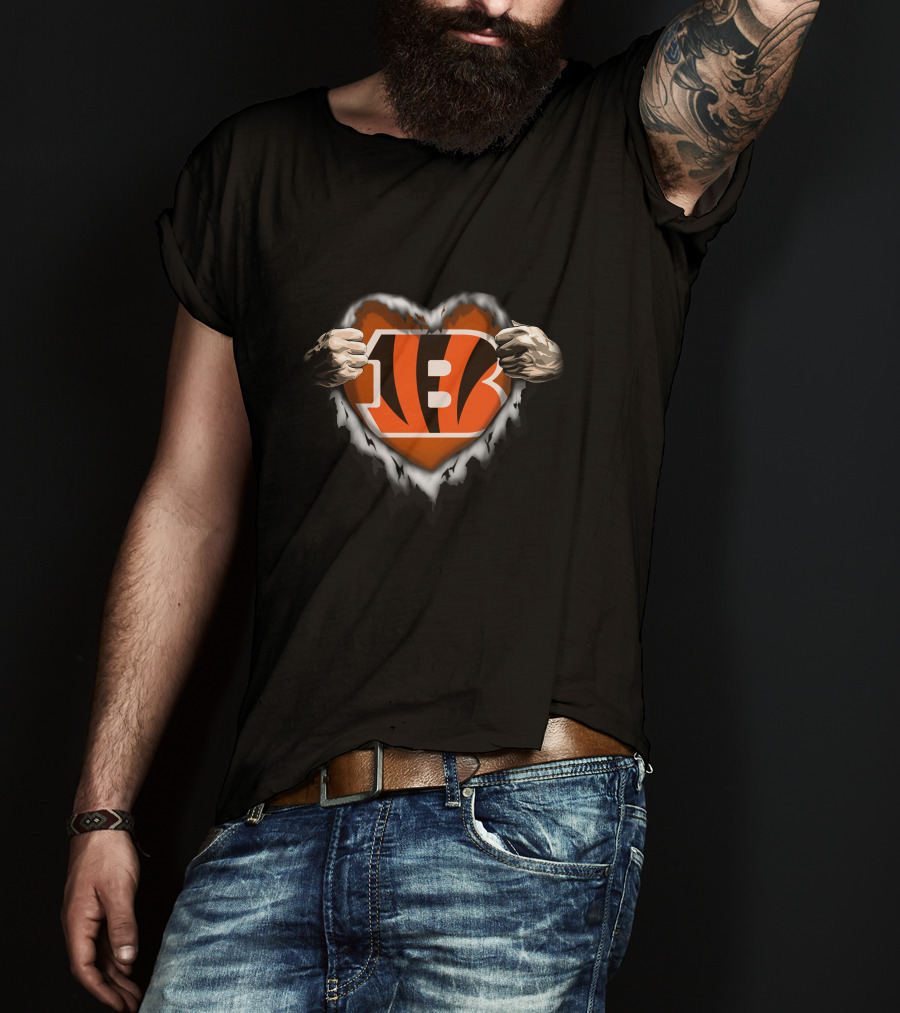 Cincinnati Bengals Ripped Logo Heart T-Shirt