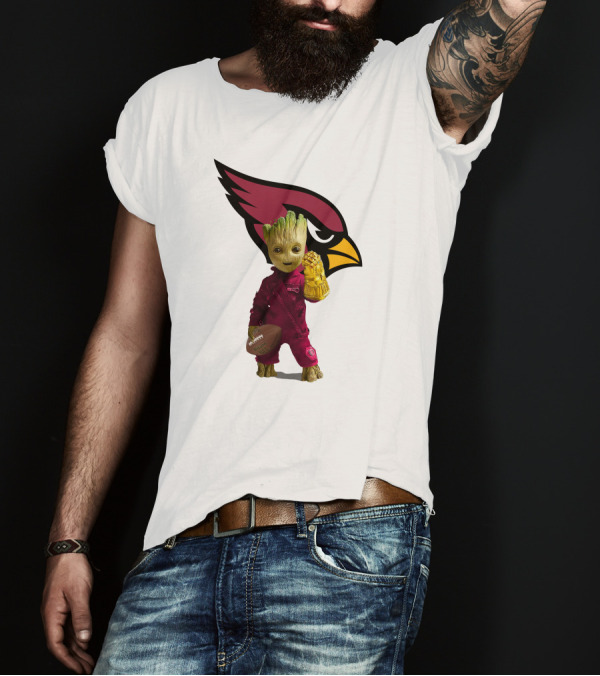 Arizona Cardinals Groot Holding Football And Infinity Gauntlet T-Shirt