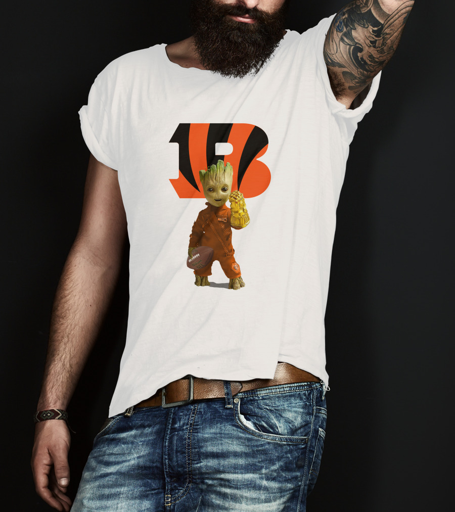 Cincinnati Bengals Groot Holding Football With Infinity Gauntlet T-Shirt