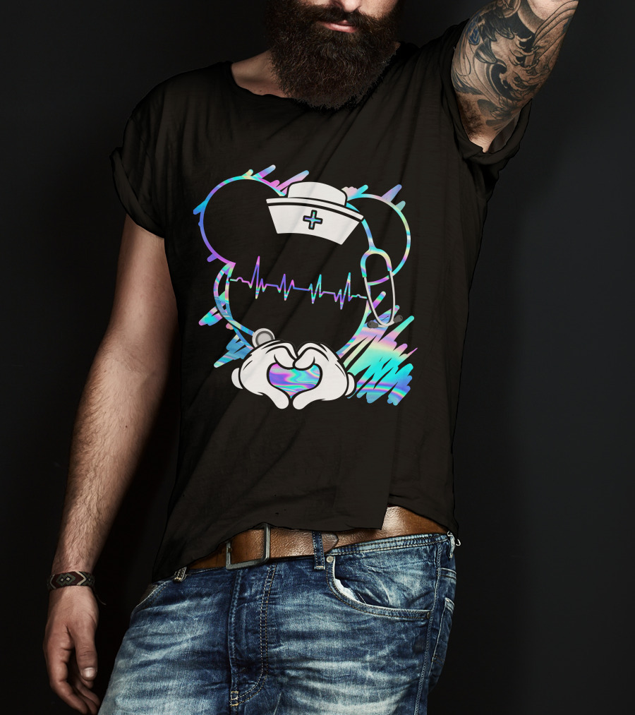 Nurse Disney Mickey Nurse Heartbeat Holographic T-Shirt