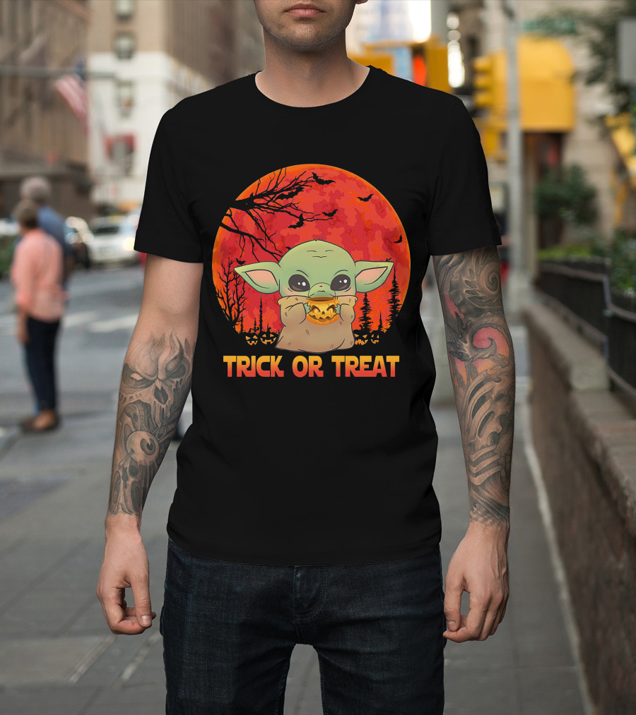 Halloween Baby Yoda Trick Or Treat Moon Pumpkin Forest T-Shirt