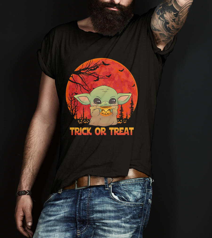 Halloween Baby Yoda Trick Or Treat Moon Pumpkin Forest T-Shirt
