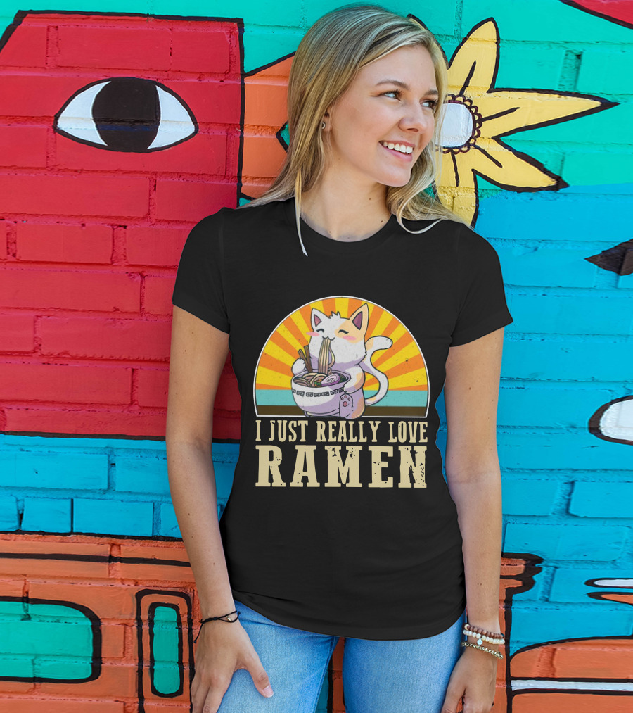 Cat Enjoying Ramen With Sunburst Background Graphics T-Shirt