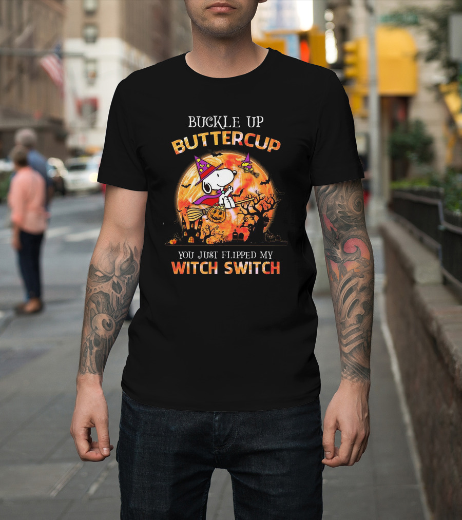 Buckle Up Buttercup You Just Flipped My Witch Switch Snoopy Flying on Broom with Pumpkin Halloween Moon T-Shirt