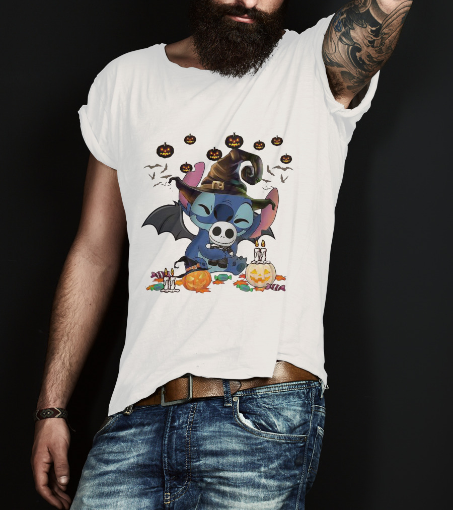 Halloween Stitch With Jack Skellington Mask And Bats T-Shirt
