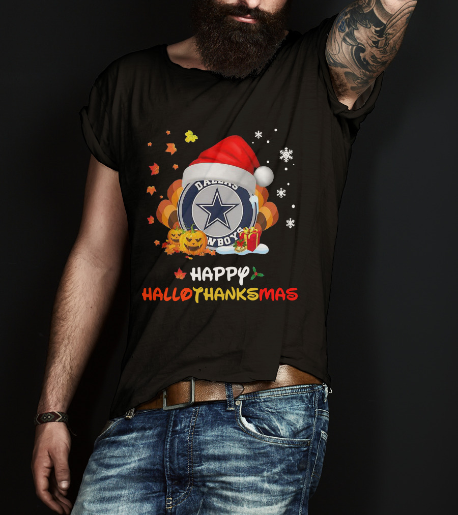 Happy Hallothanksmas Dallas Cowboys Pumpkin Santa Leaves Snowflakes T-Shirt