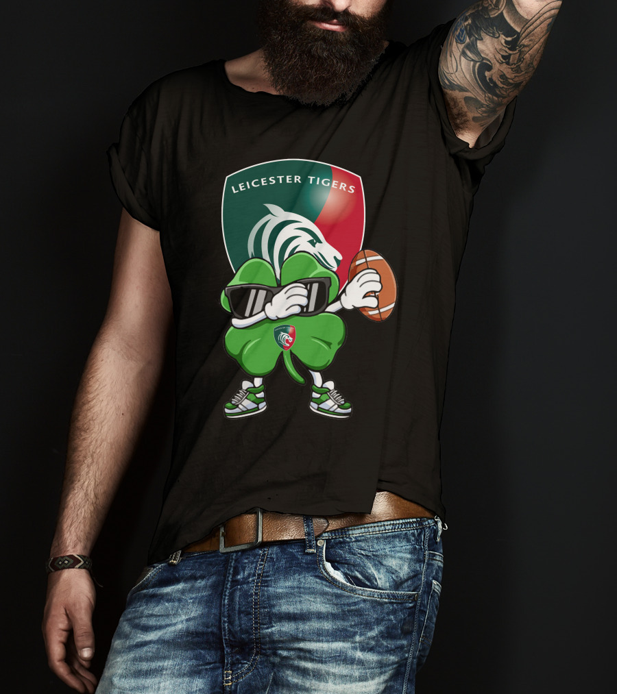 Leicester Tigers Shamrock Mascot Holding Rugby Ball T-Shirt